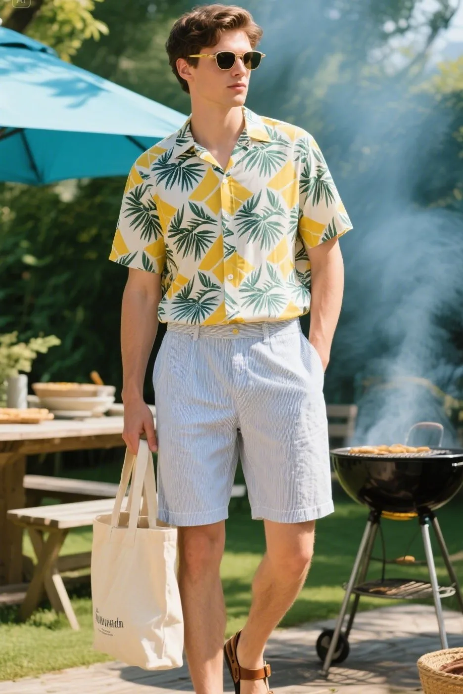 4. Short-Sleeve Button-Up with Patterned Shorts and Leather Sandals