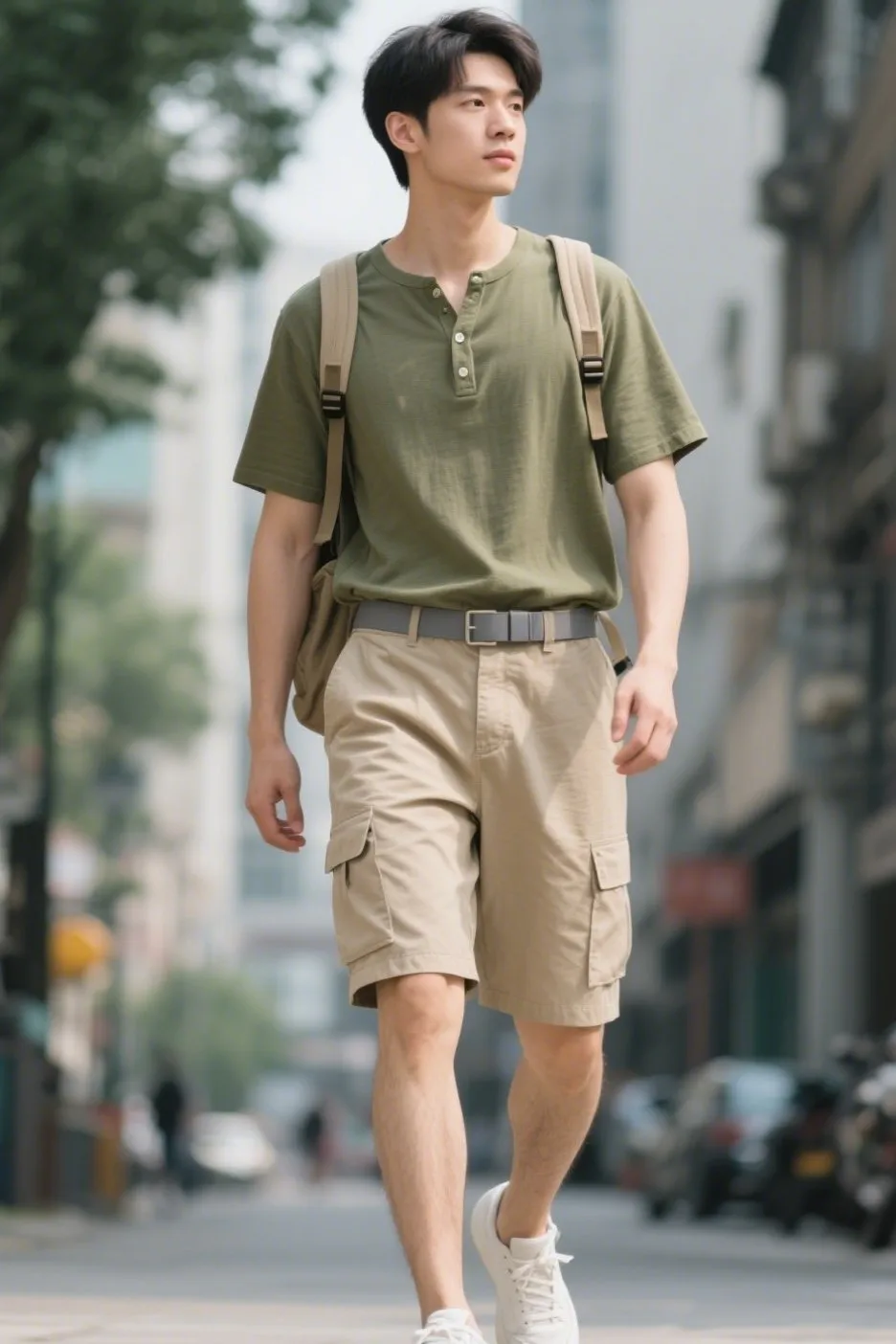5. Lightweight Henley Shirt with Cargo Shorts and Sneakers