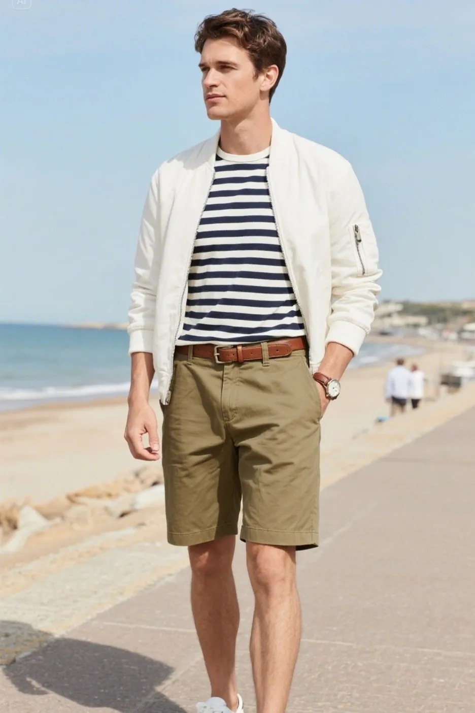 6. Breton Striped Tee with Khaki Shorts and White Trainers