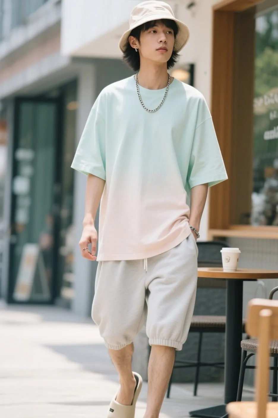 7. Oversized Tee with Jogger Shorts and Slide Sandals