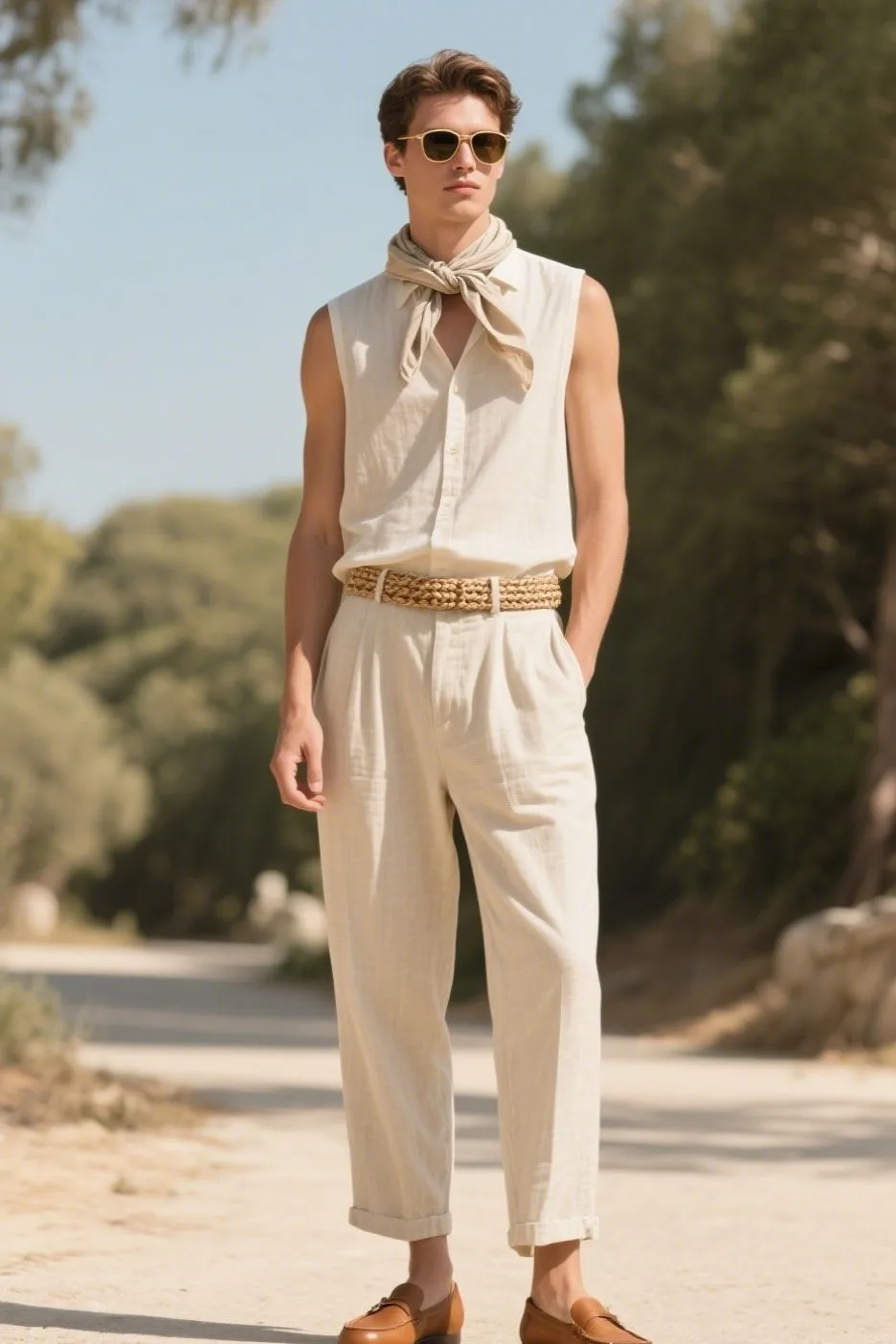8. Sleeveless Shirt with Linen Pants and Leather Loafers