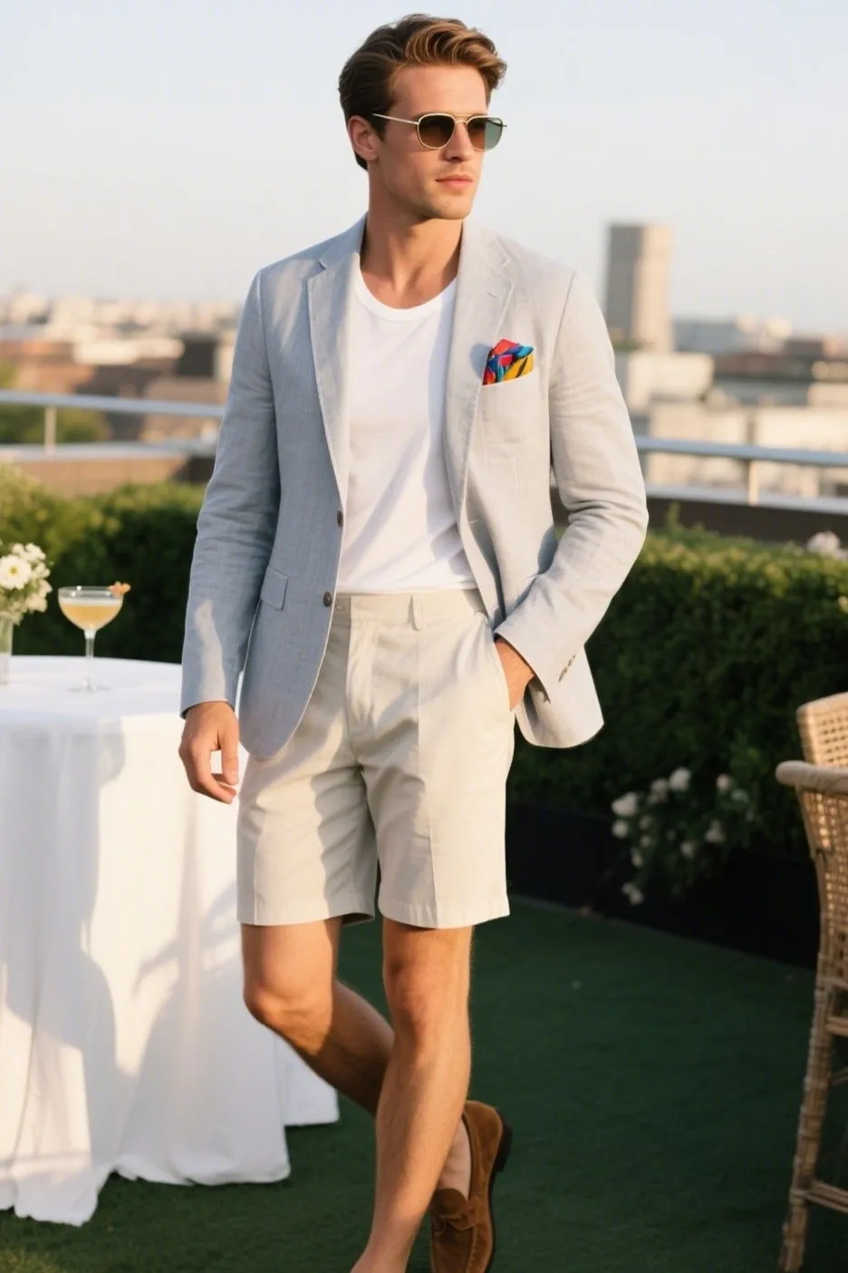 9. Lightweight Blazer over a White Tee with Slim Shorts