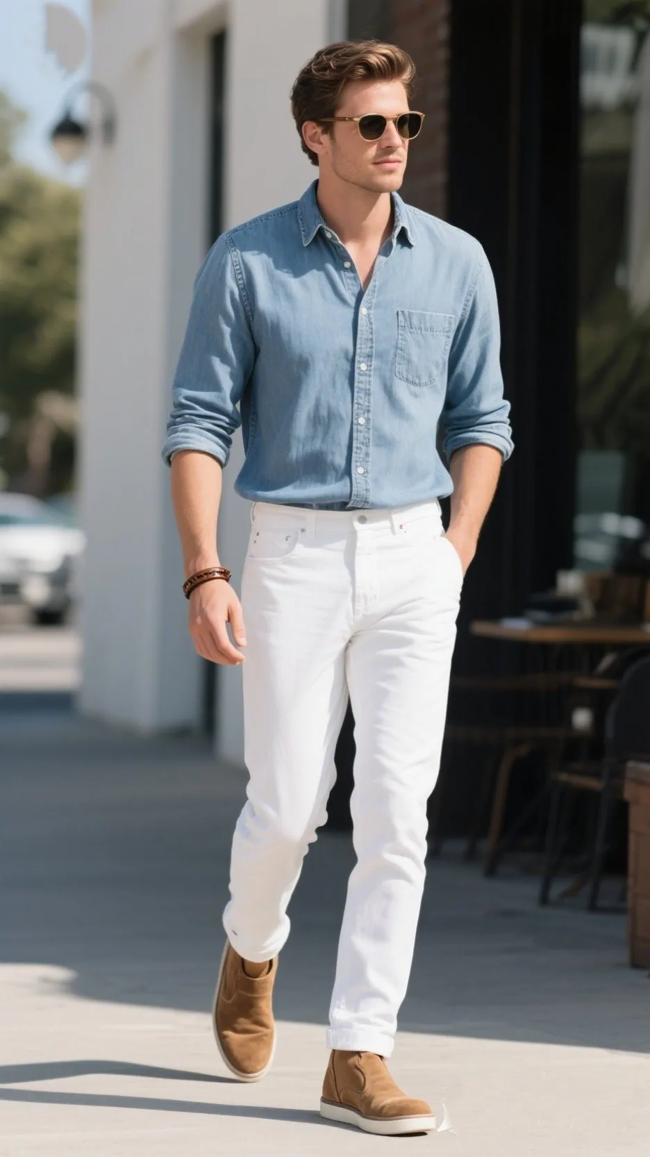 10. Casual Chambray Shirt with White Jeans and Desert Boots
