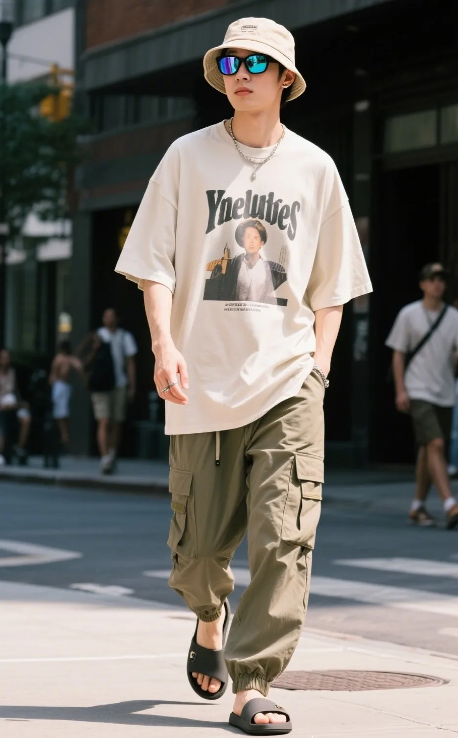 7. Oversized Graphic Tee with Cargo Joggers and Slides