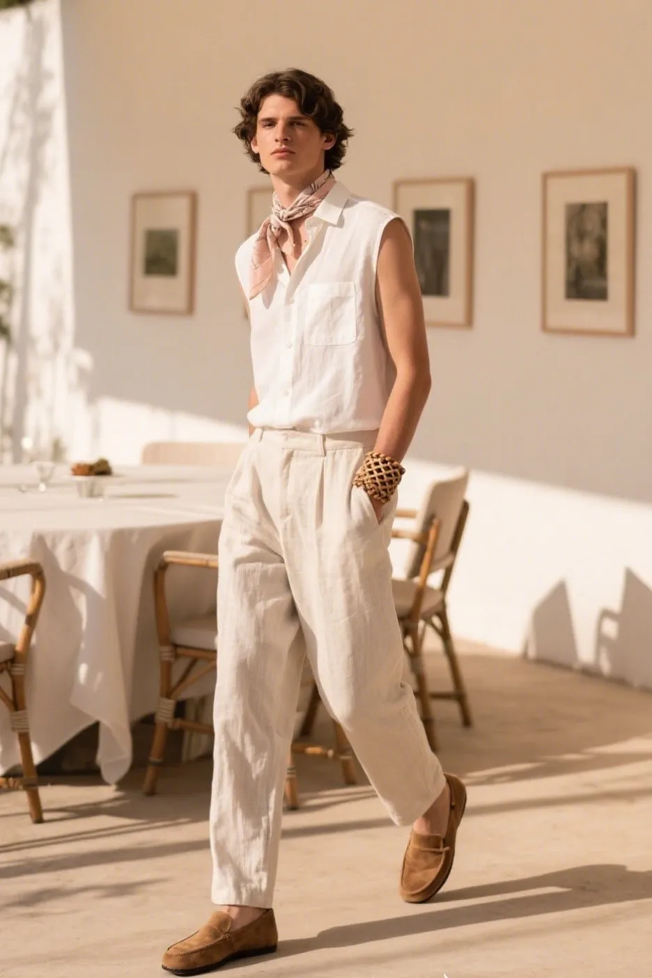 8. Sleeveless Cotton Shirt with Linen Trousers and Slip-Ons