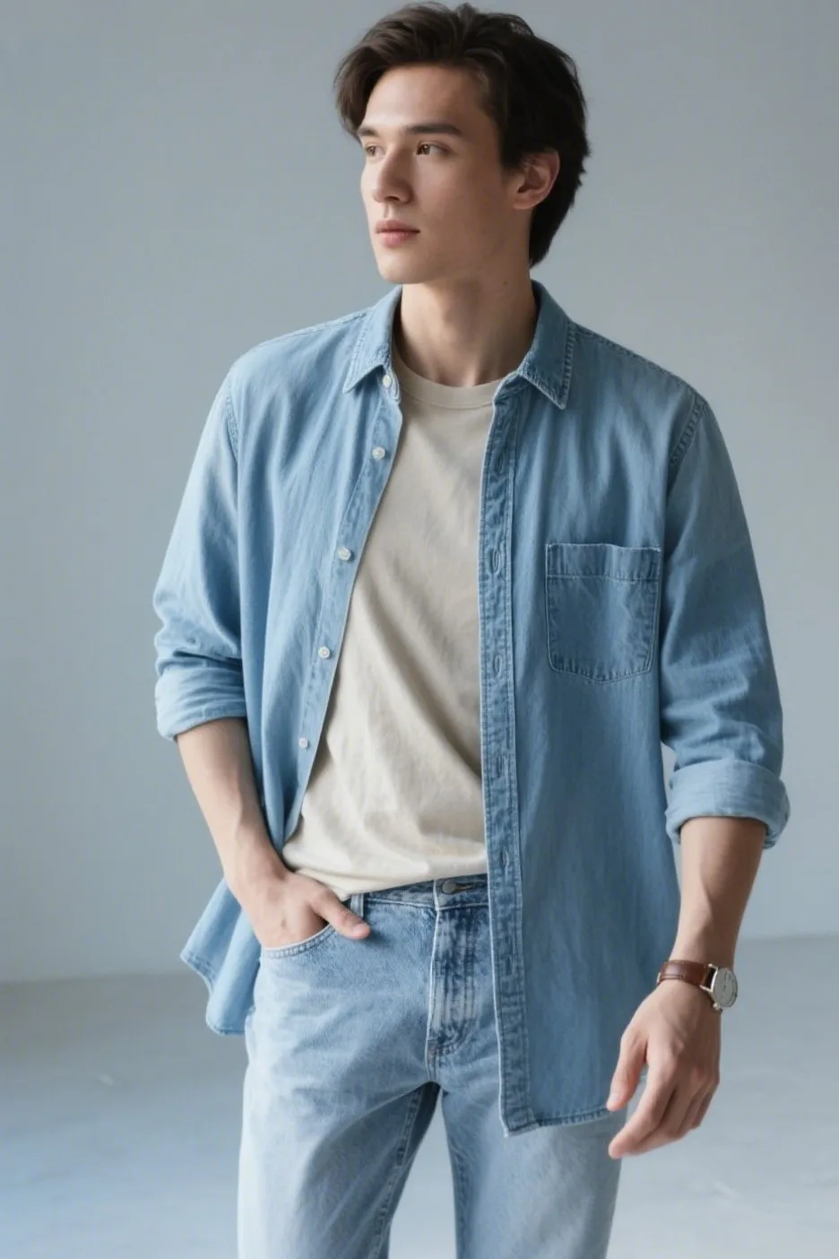 10. Chambray Shirt with Light Wash Jeans and Sneakers