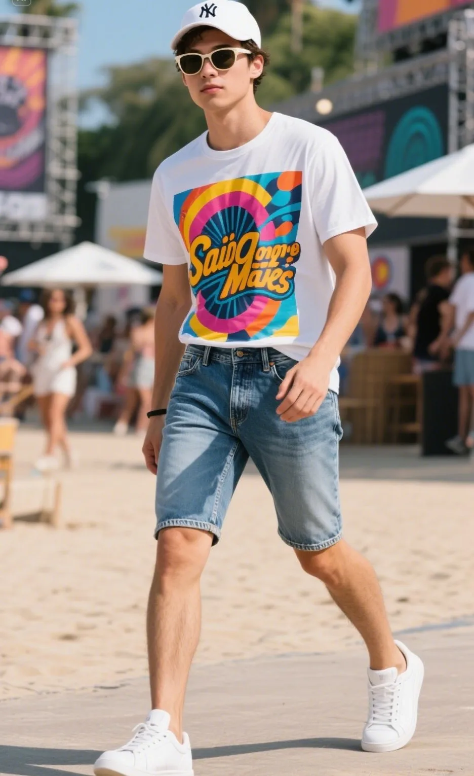 2. Bold Graphic Tee with Slim Denim Shorts and White Sneakers