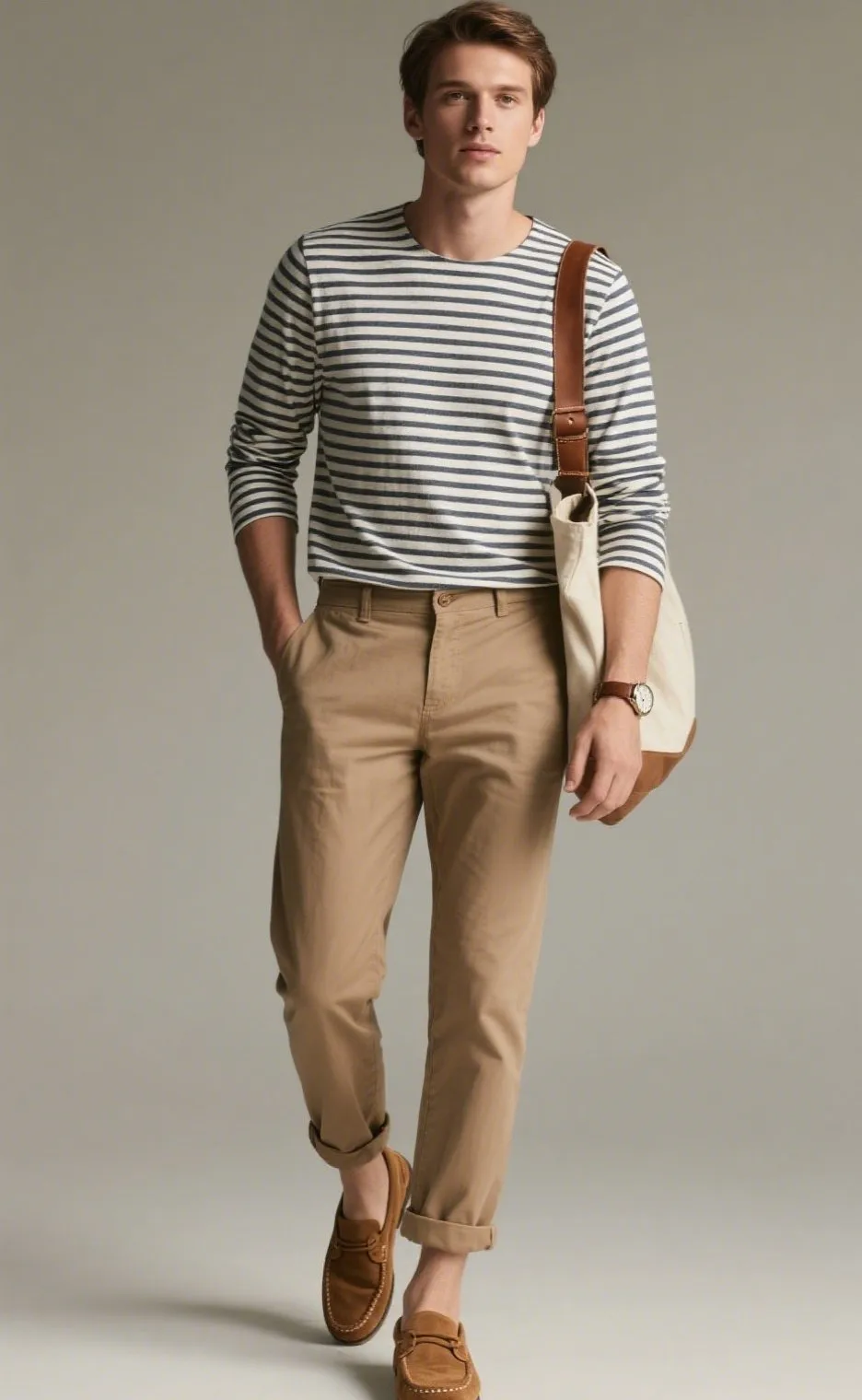6. Breton Striped Long-Sleeve Tee with Rolled-Up Chino Pants