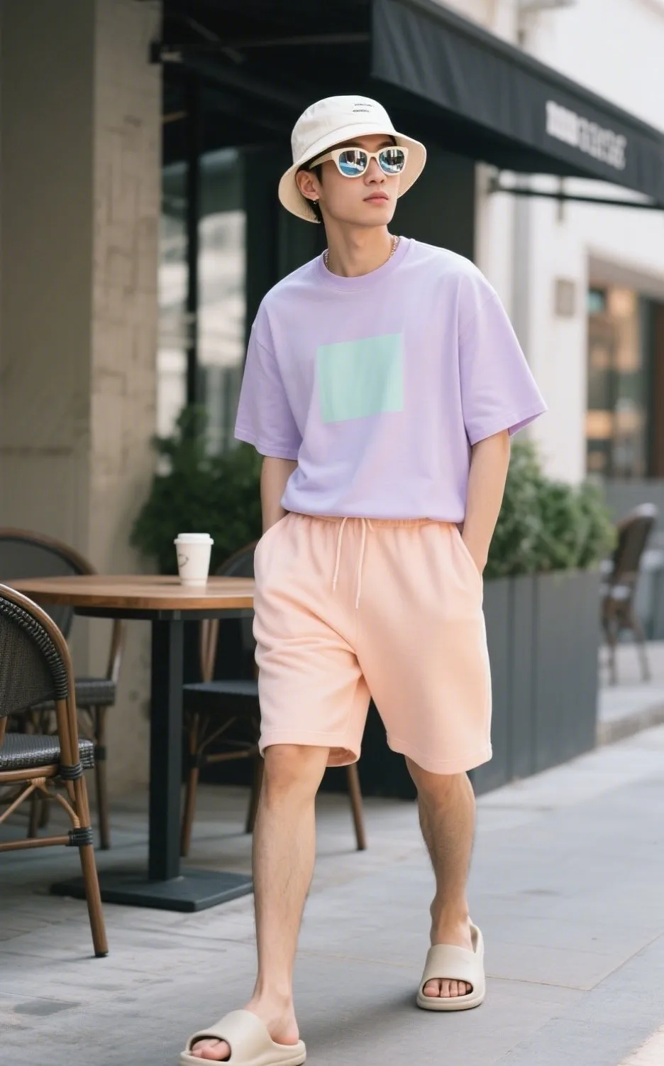 7. Oversized Pastel Tee with Jersey Jogger Shorts and Slides
