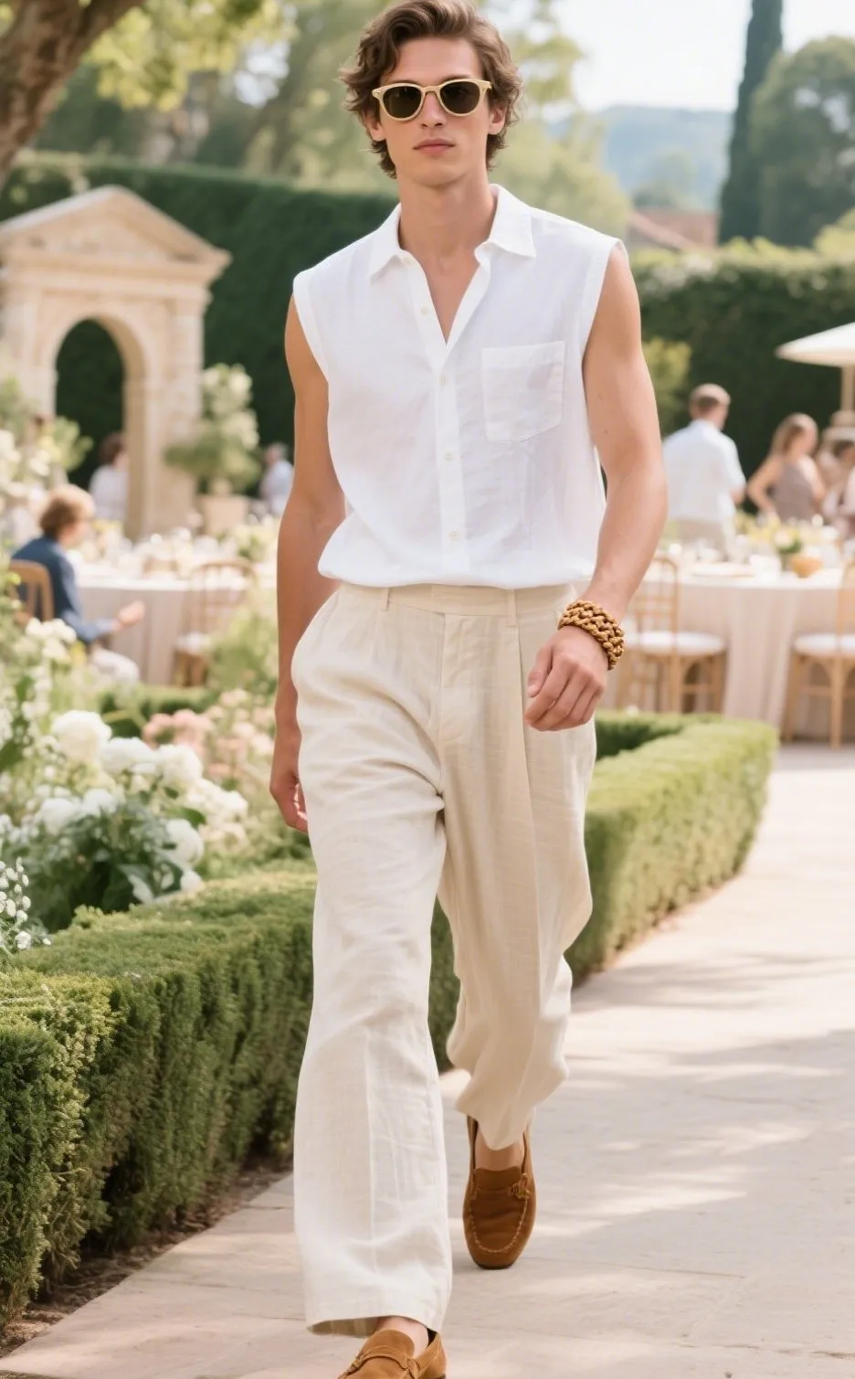8. Sleeveless Cotton Shirt with Loose Linen Trousers and Suede Loafers