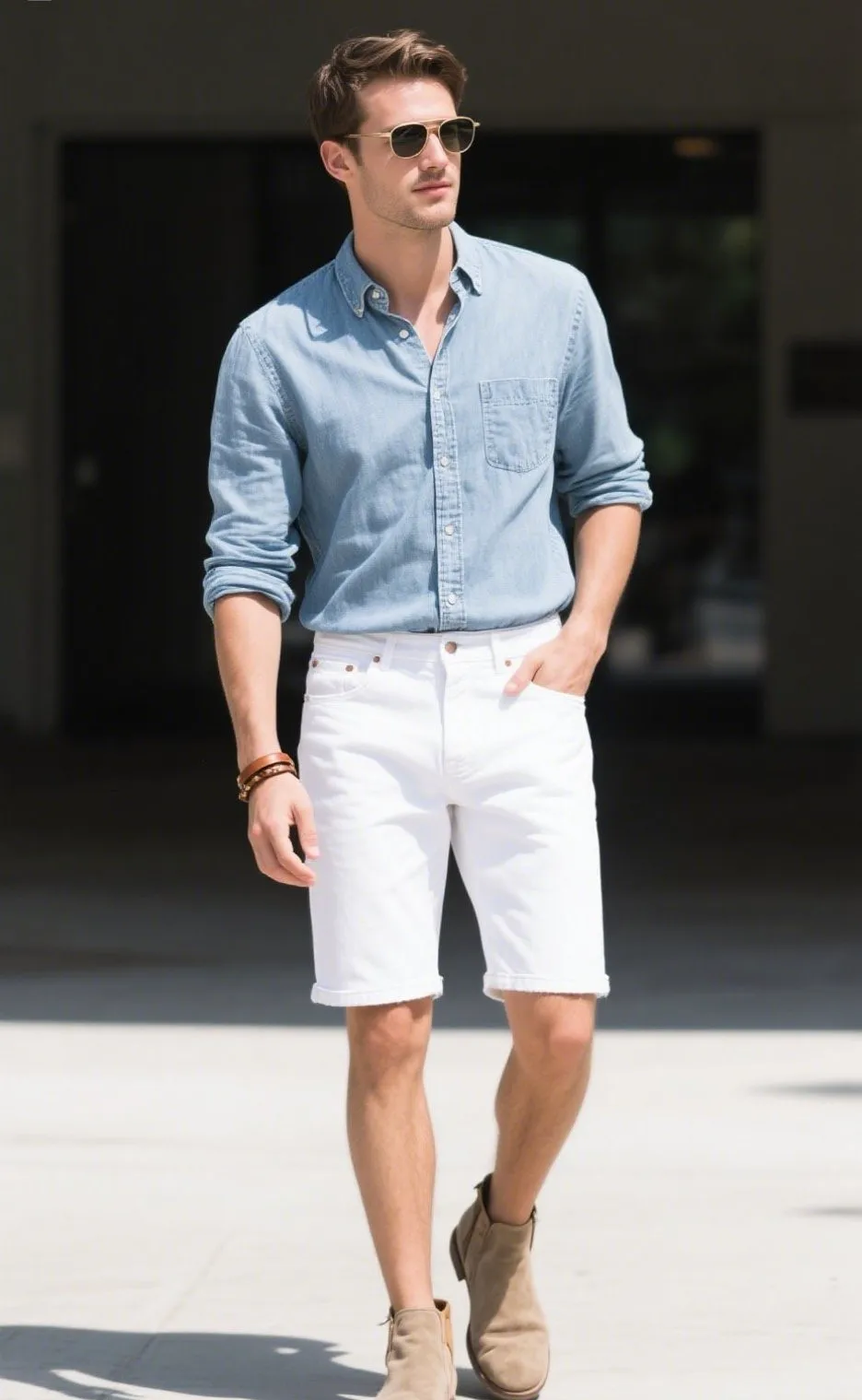 10. Chambray Shirt with White Denim and Desert Boots