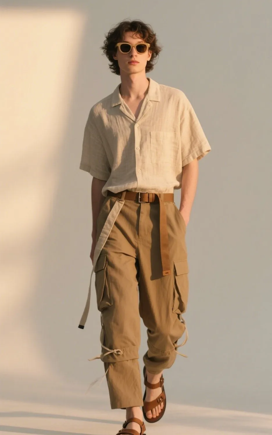 2. Linen Blend Short-Sleeve Shirt with Convertible Cargo Pants and Leather Sandals