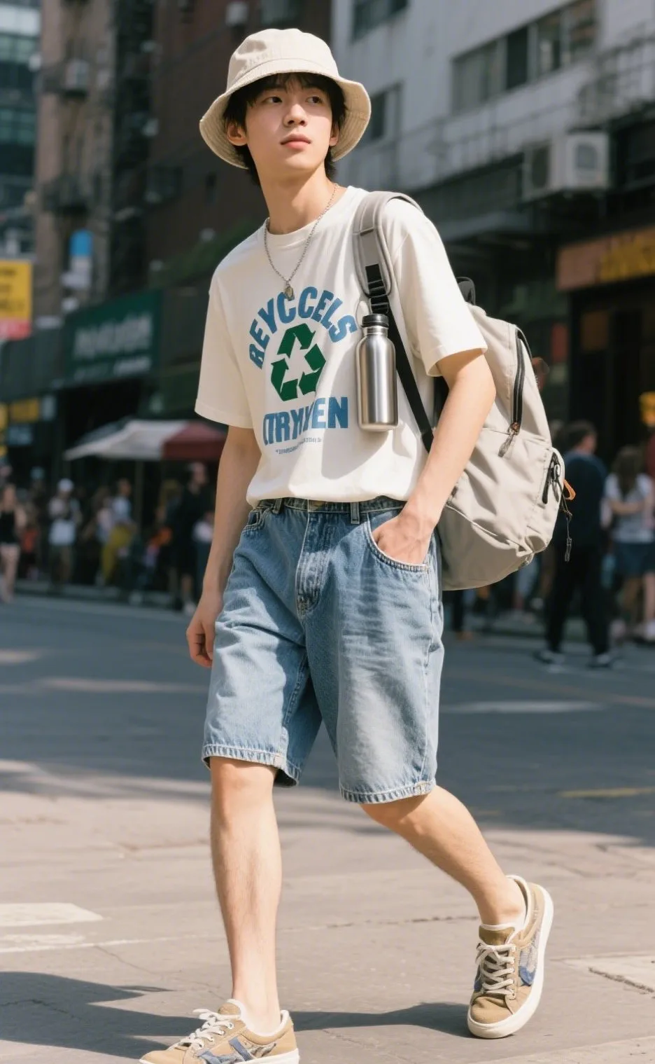 4. Recycled Polyester Graphic Tee with Organic Denim Shorts and Slip-On Sneakers