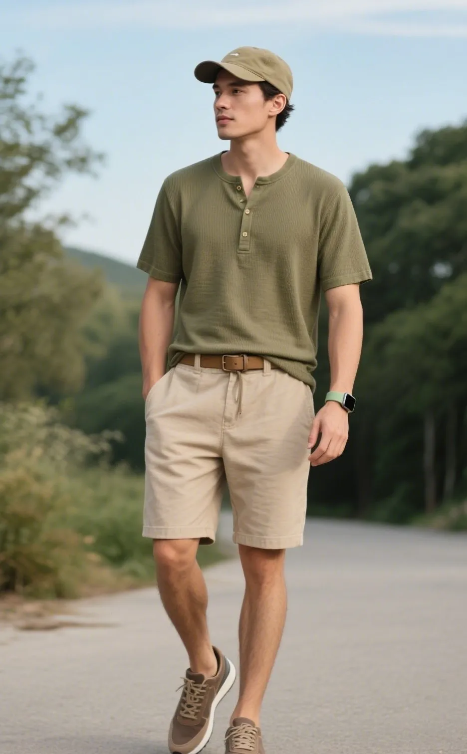 5. Organic Cotton Henley with Sustainable Jogger Shorts and Minimalist Trainers
