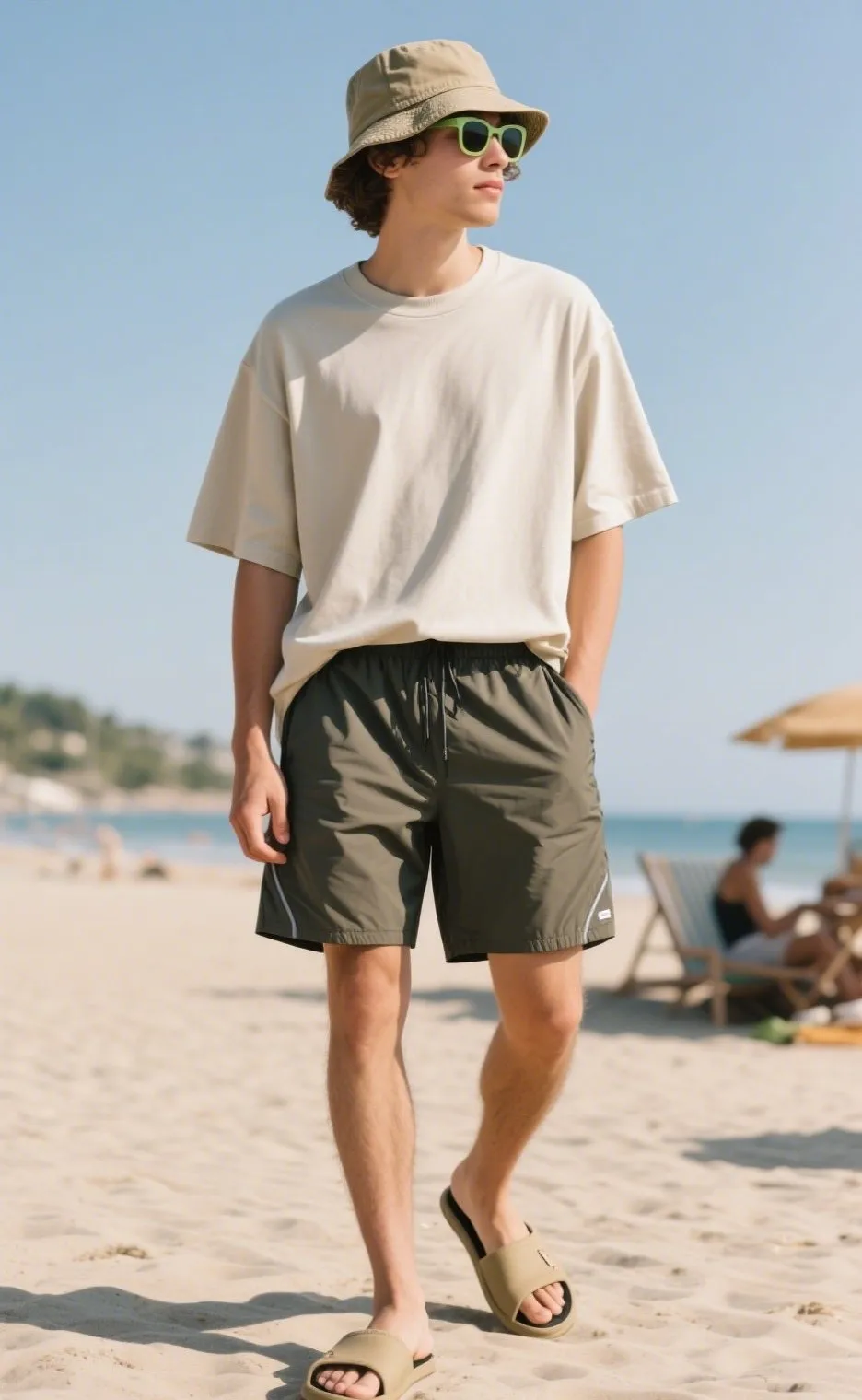7. Oversized Organic Cotton Tee with Recycled Nylon Shorts and Slide Sandals