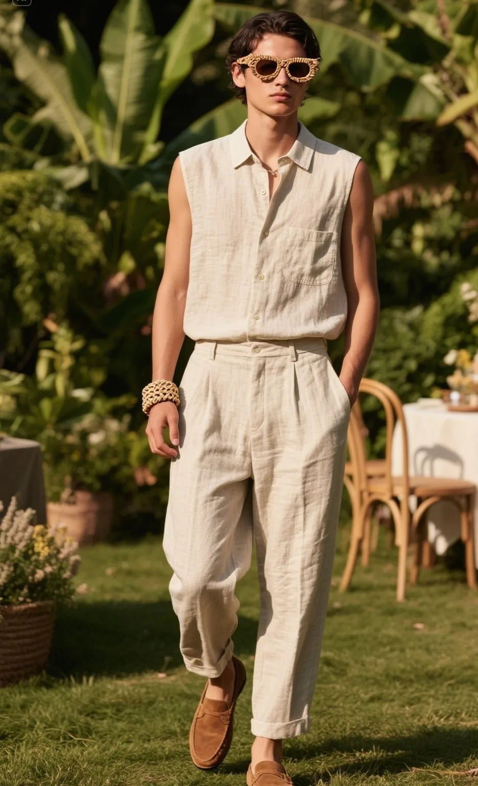 8. Sleeveless Linen Blend Shirt with Sustainable Linen Trousers and Suede Loafers
