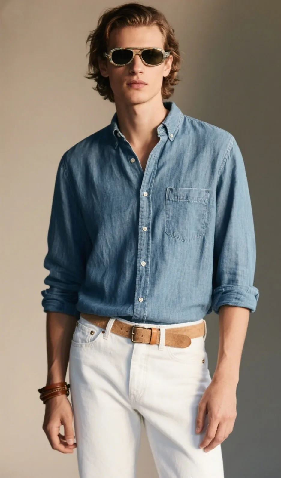 10. Chambray Shirt Made from Organic Cotton with White Organic Denim and Desert Boots
