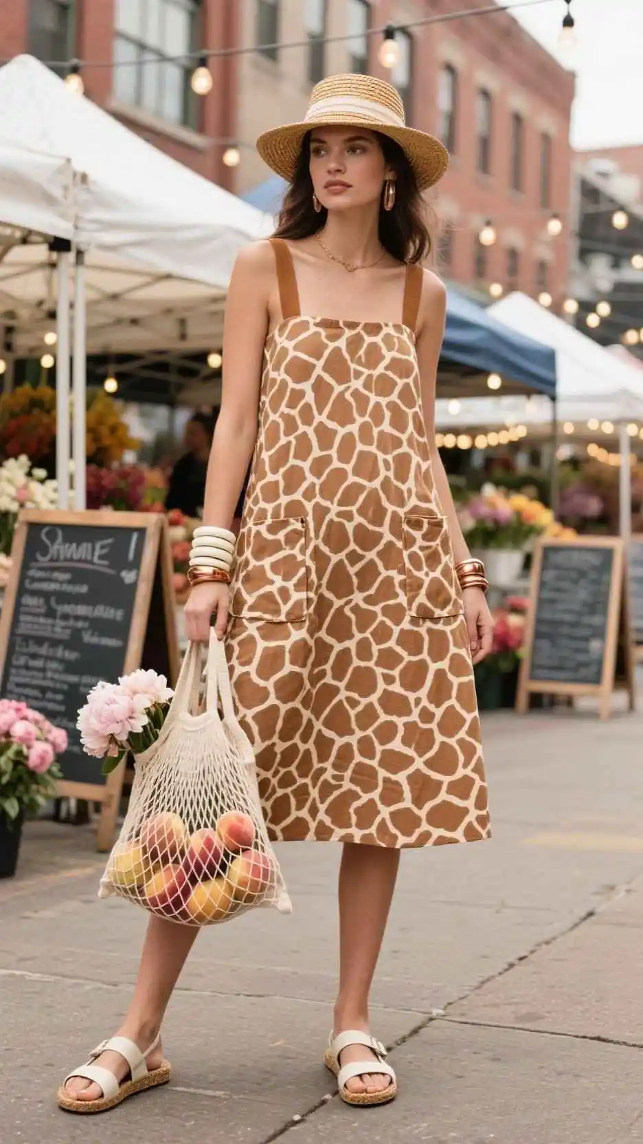 Giraffe A-Line Sundress + Straw Visor + Cork-Sole Slide Sandals