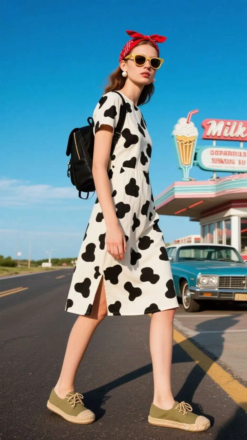 Cow-Spot Linen Shift + Red Bandana Hair Tie + Khaki Espadrille Flats