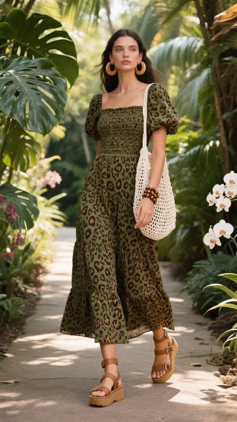 Jaguar Smocked Maxi + Crochet Tote + Tan Flatform Sandals