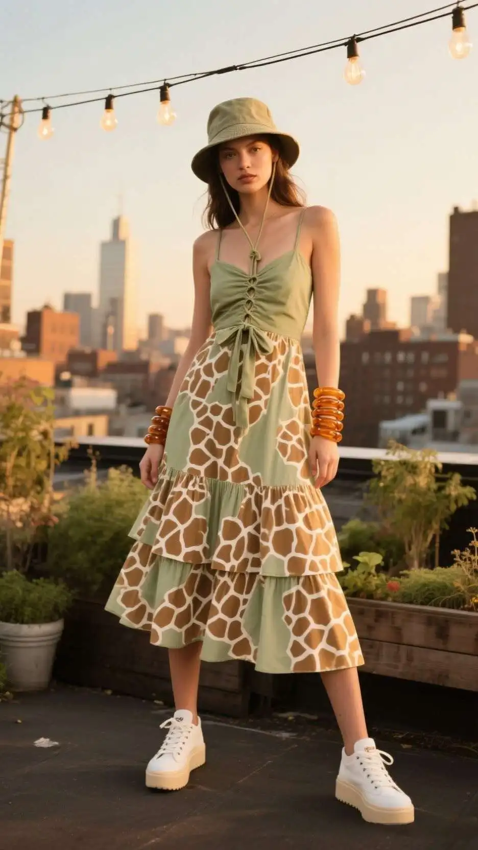 Canvas Bucket Hat + Giraffe-Print Tiered Sundress + Stacked Resin Bangles + White Platform Sneakers