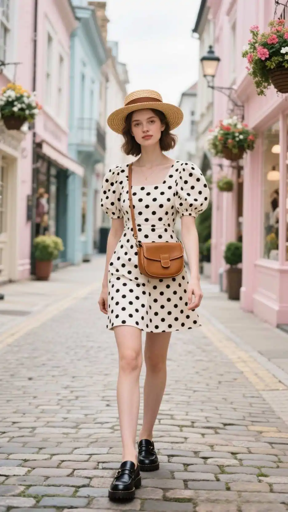 Straw Boater + Dalmatian-Dot Puff-Sleeve Mini Dress + Slim Cross-Body Phone Pouch + Black Lug-Sole Loafers