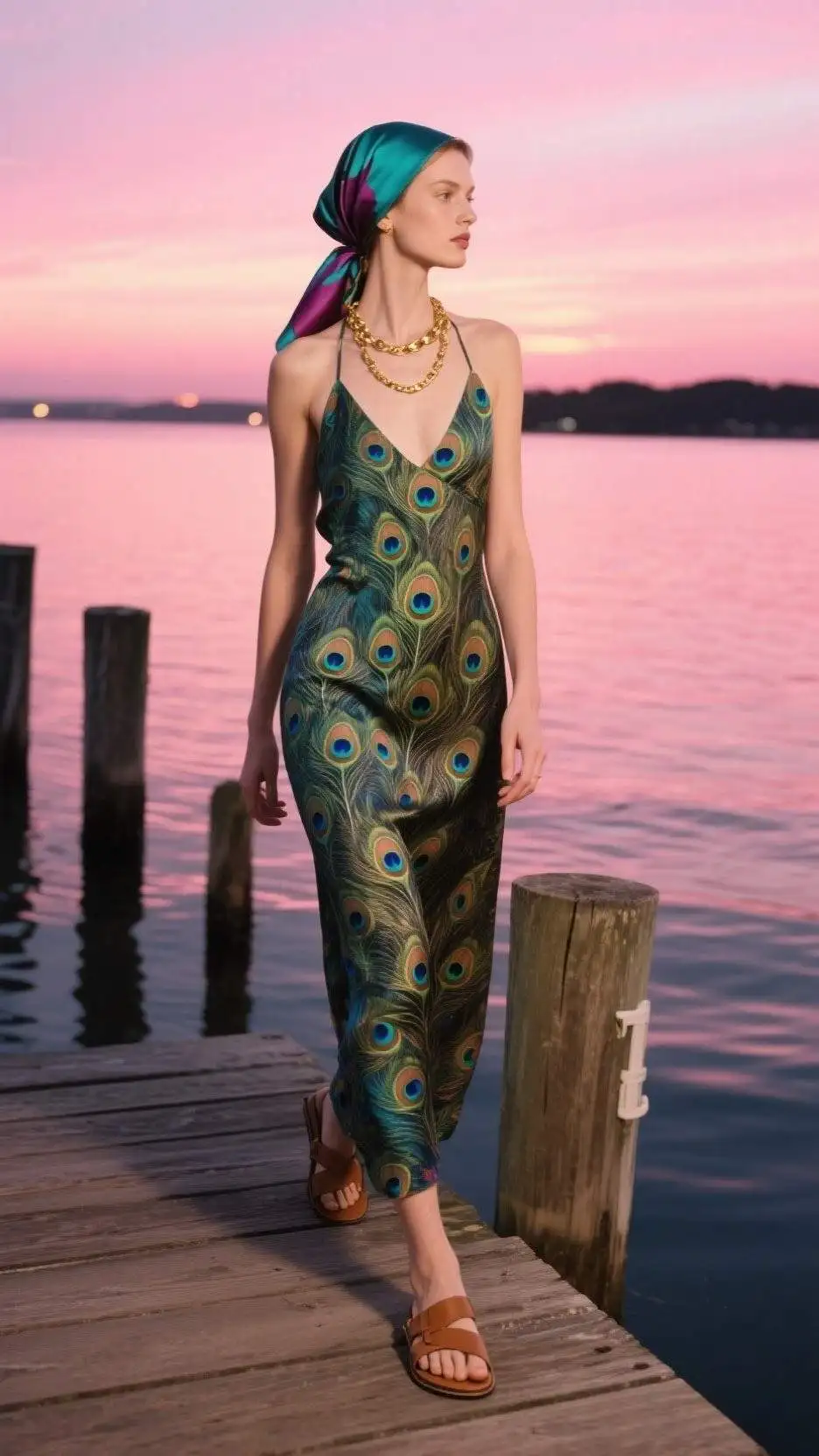 Head Scarf + Peacock-Plume Halter Maxi Dress + Gold Ankle Chain + Tan Slide Sandals