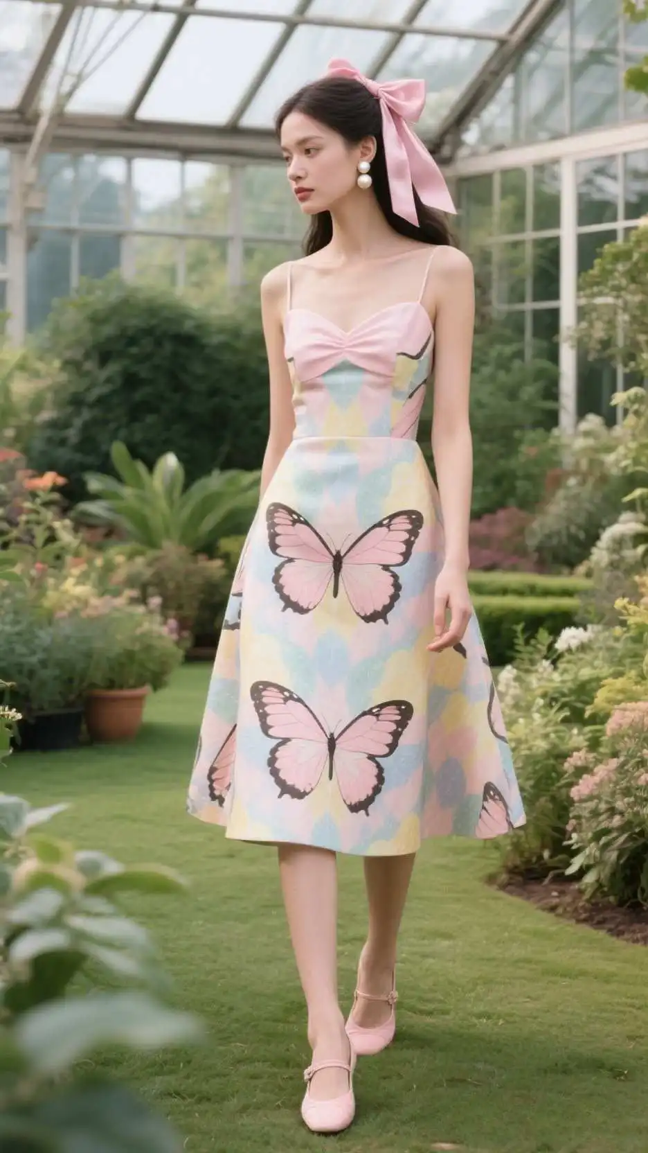 Silk Hair Ribbon + Butterfly-Wing Fit-and-Flare Dress + Pearl Drop Earrings + Pastel Slingback Flats