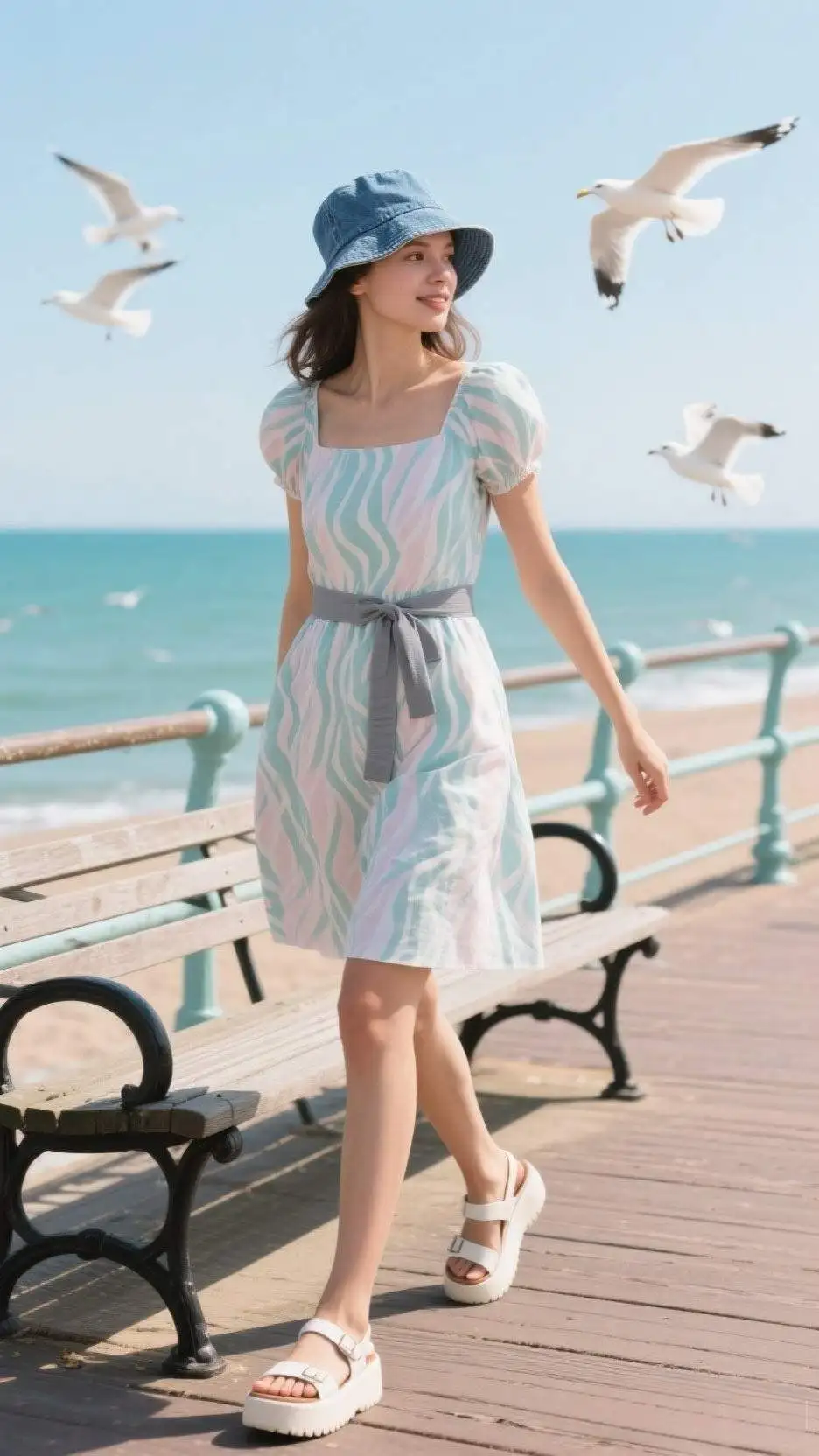Canvas Bucket Hat + Watercolor Zebra Babydoll Dress + Canvas Web Belt + Platform Fisherman Sandals
