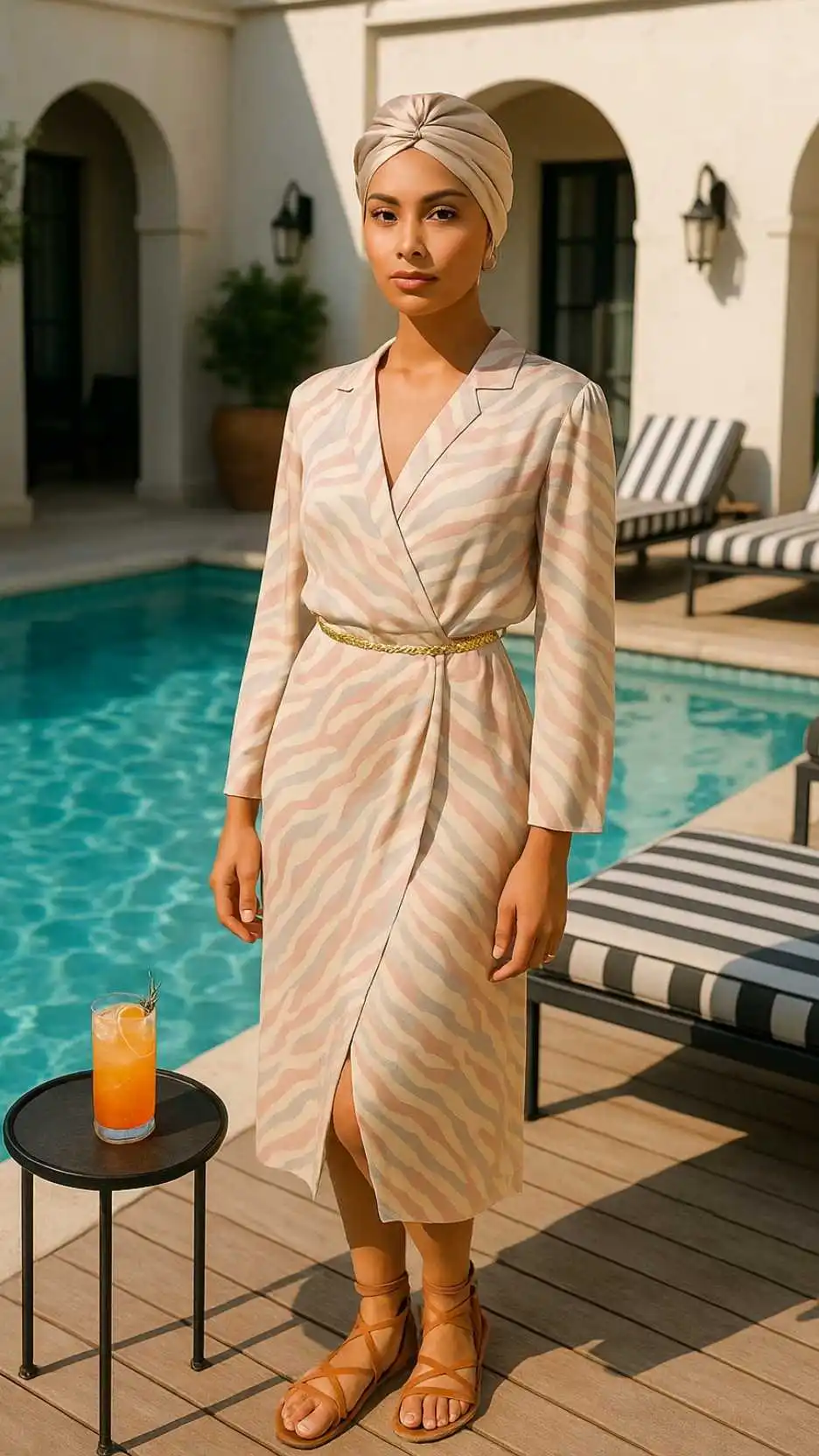 Silk Headscarf + Abstract Tiger Wrap Dress + Hammered-Metal Waist Chain + Tan Gladiator Flats