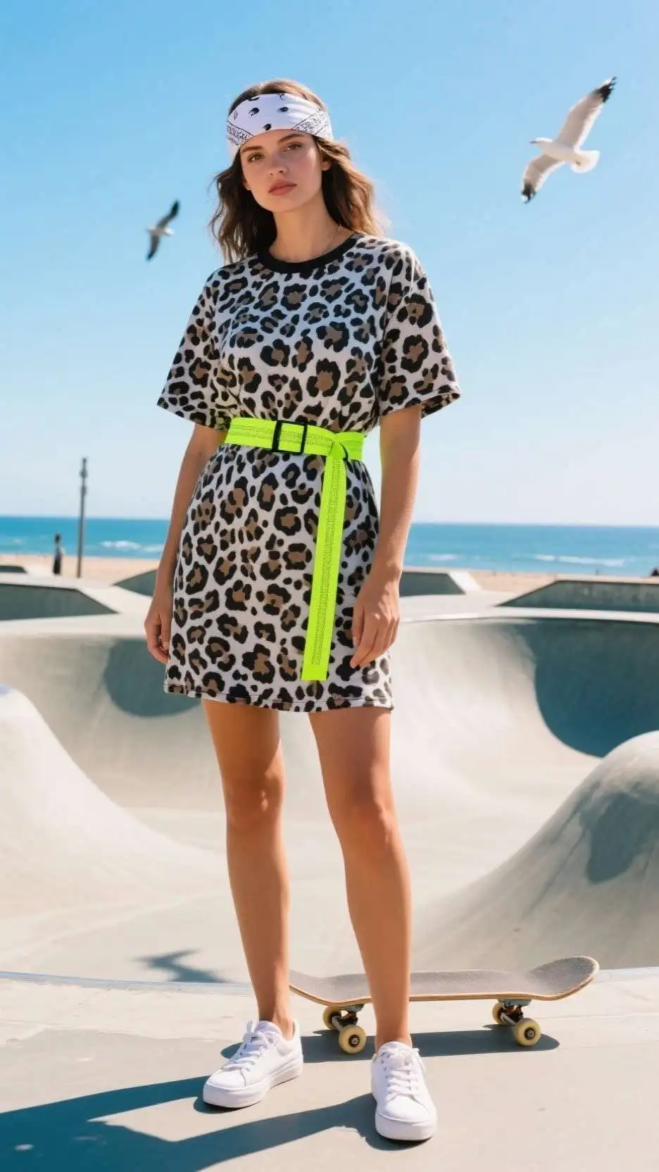 Cotton Bandana + Snow-Leopard T-Shirt Dress + Neon Webbing Belt + Slip-On Skate Sneakers