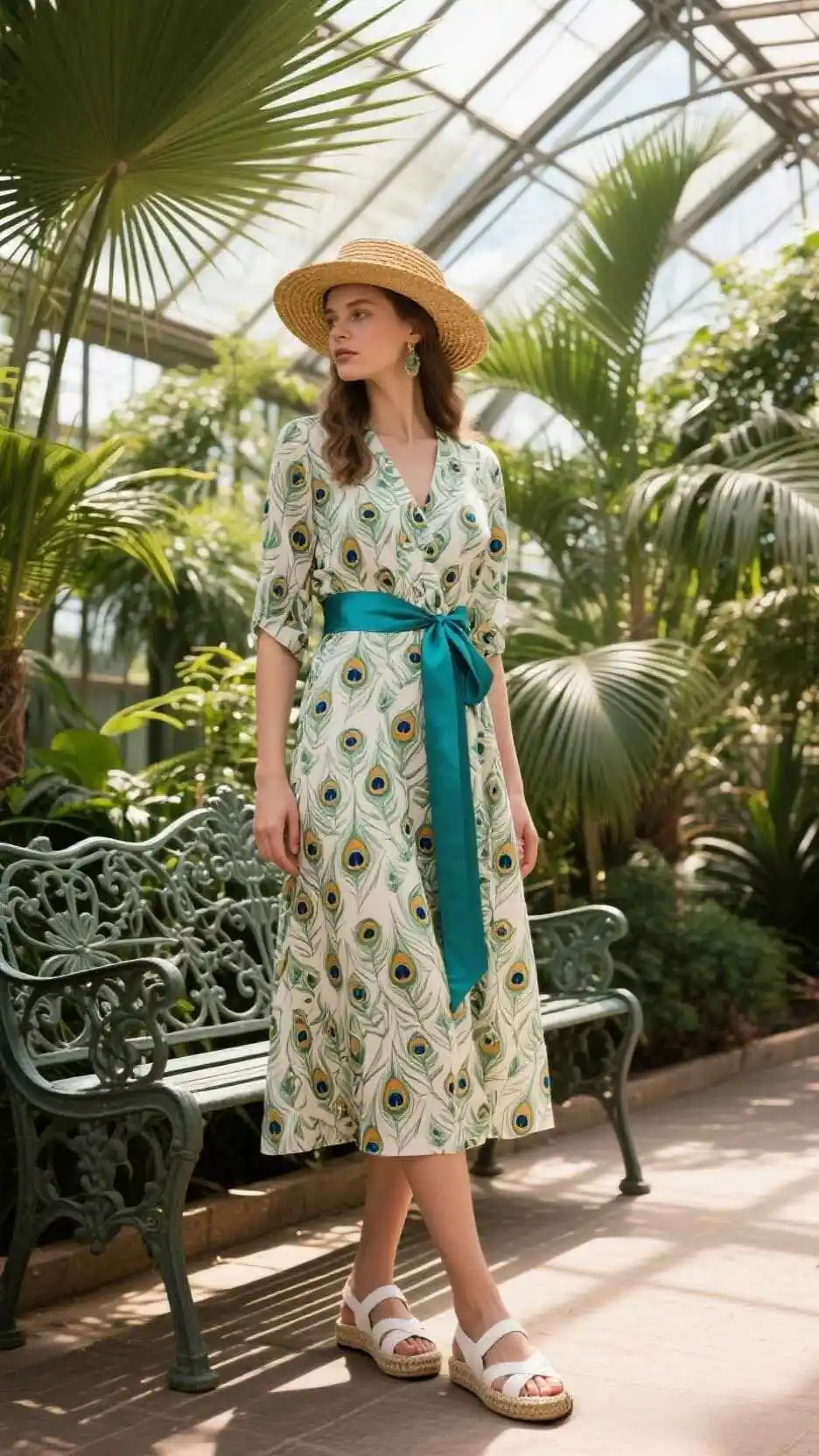 Straw Boater + Peacock-Feather Midi Dress + Teal Satin Sash + Espadrille Mules