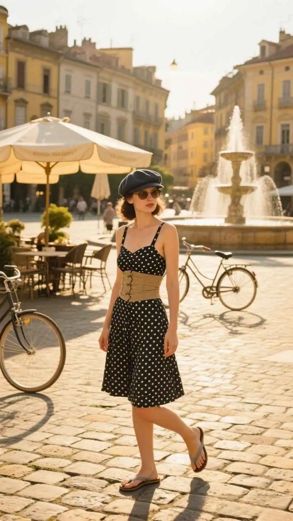 Cotton Newsboy Cap + Dalmatian-Dot Halter Dress + Canvas Corset Belt + Metallic Flip-Flops