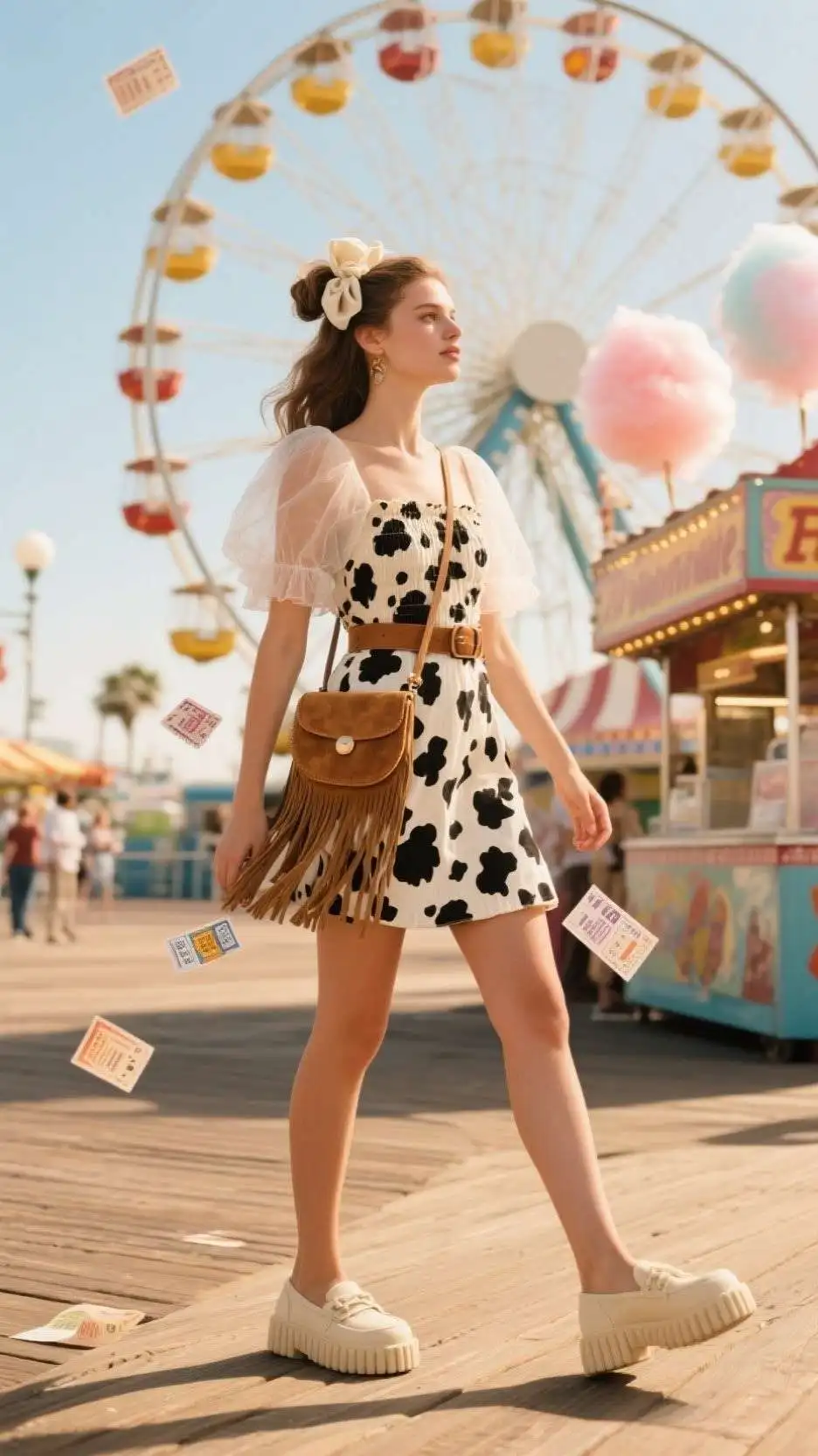 Sheer Organza Scrunchie + Cow-Print Smocked Mini + Suede Fringe Belt Bag + Low-Profile Chunky Loafers