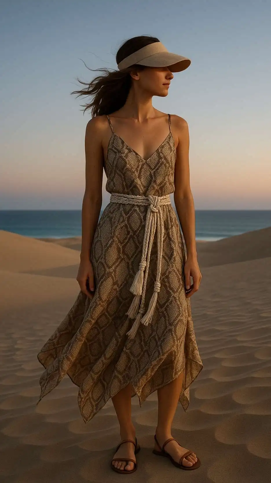 Linen Visor + Desert-Snake Handkerchief-Hem Maxi + Rope Macramé Belt + Barefoot Leather Sandals