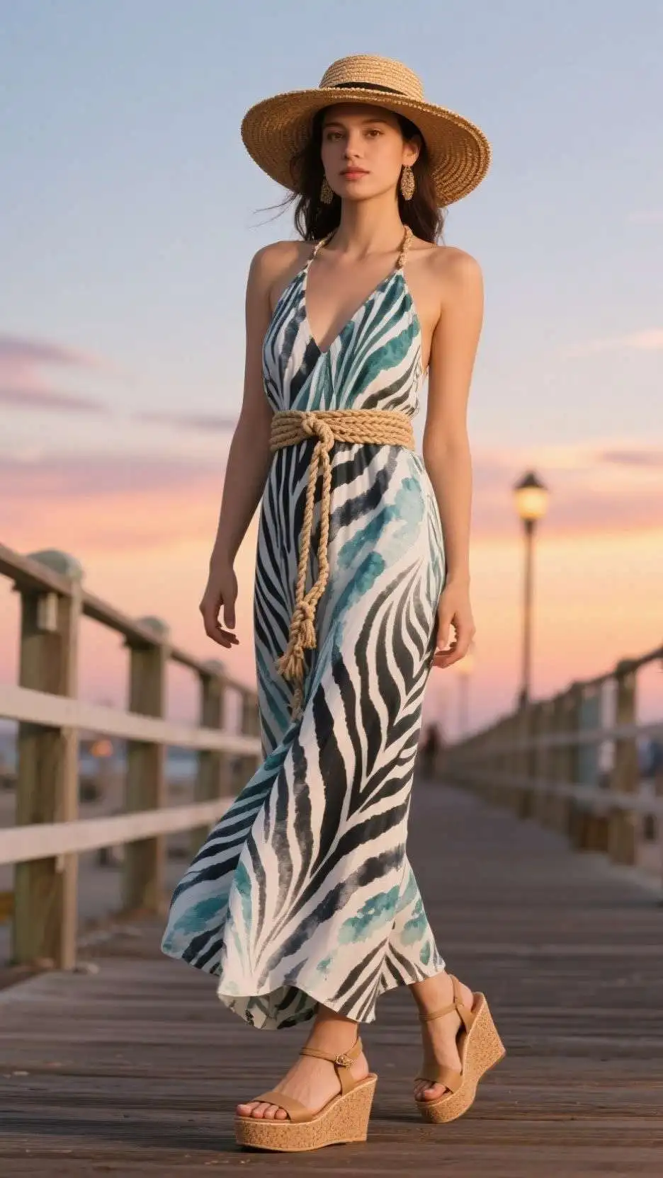 Straw Fedora + Watercolor Zebra Halter Maxi + Macramé Rope Belt + Cork Wedge Sandals
