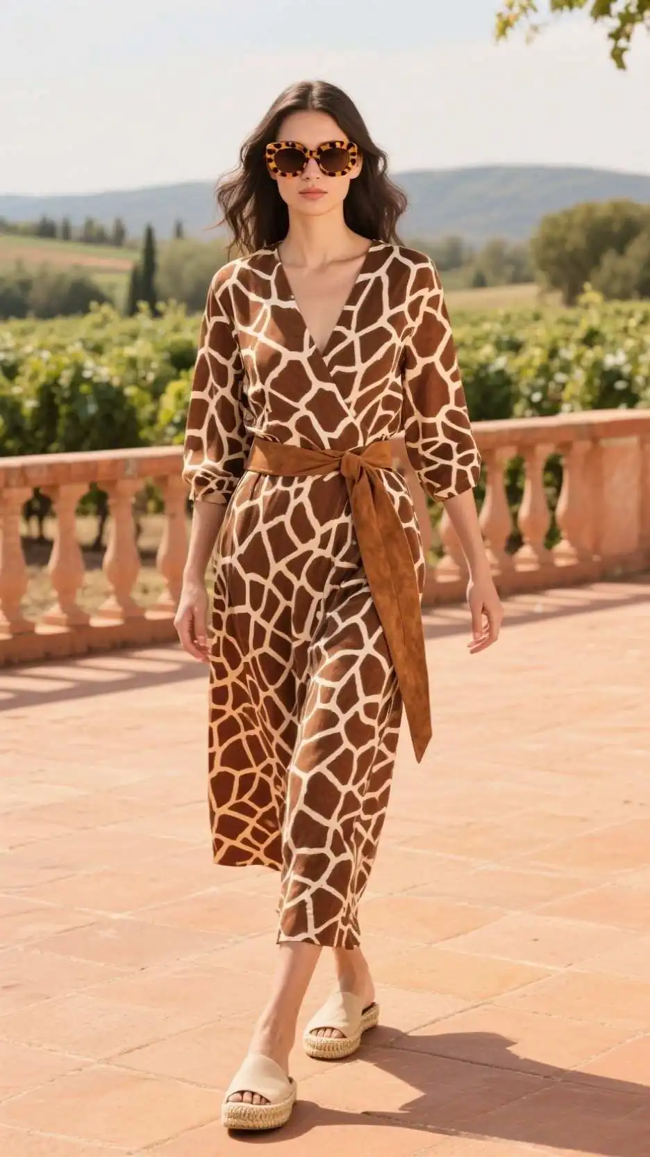 Tortoiseshell Sunglasses + Abstract Giraffe Wrap Dress + Wide Suede Obi Belt + Almond-Toe Espadrille Mules