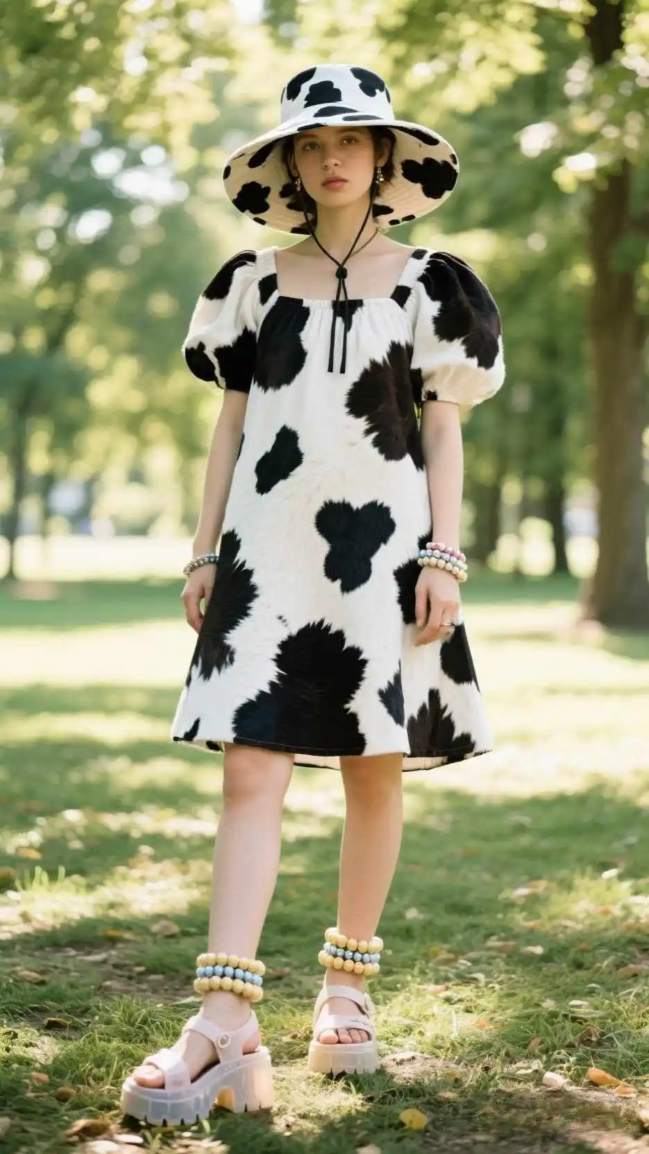 Oversized Bucket Hat + Graphic Cowhide Baby-Doll Dress + Barrel Bead Anklet + Platform Jelly Sandals