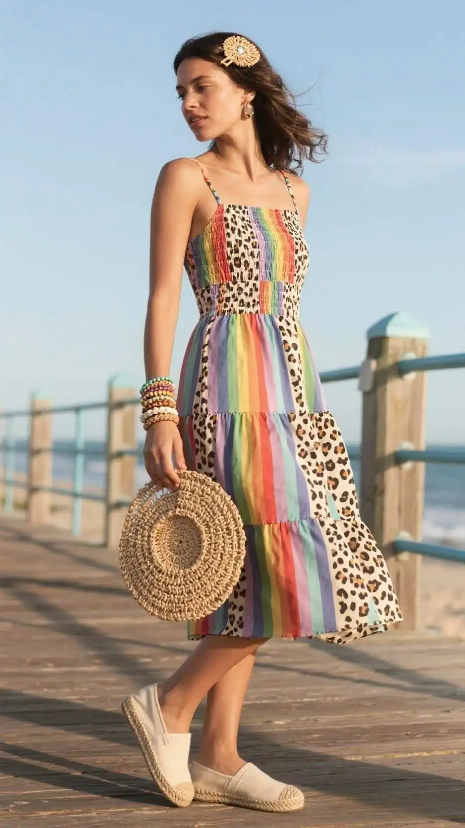 Raffia Hair Clip + Rainbow Cheetah Tiered Sundress + Woven Bracelet Stack + Low-Profile Canvas Espadrilles