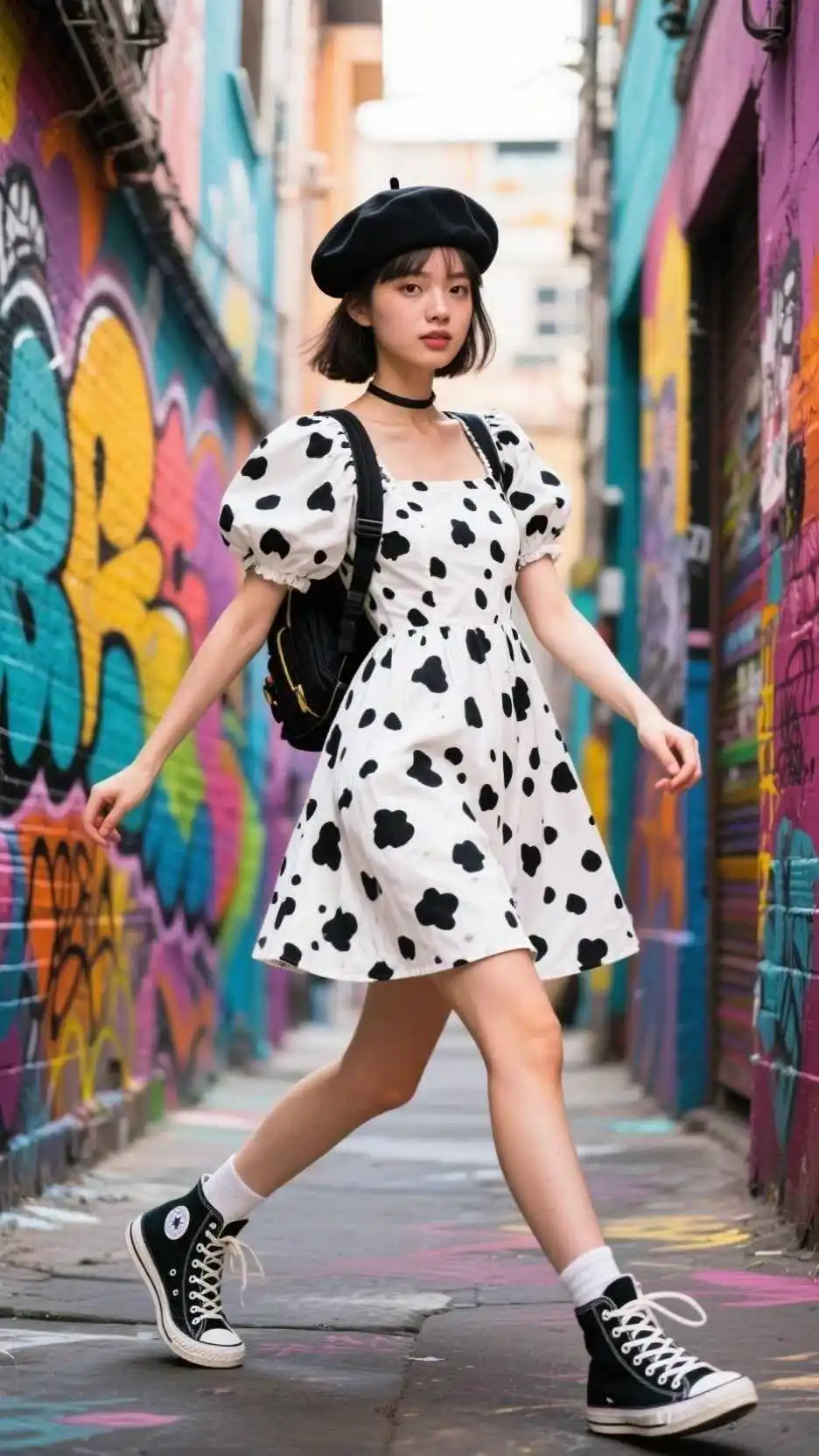 Monochrome Beret + Dalmatian Puff-Sleeve Baby-doll Dress + Mini Backpack + High-Top Canvas Trainers
