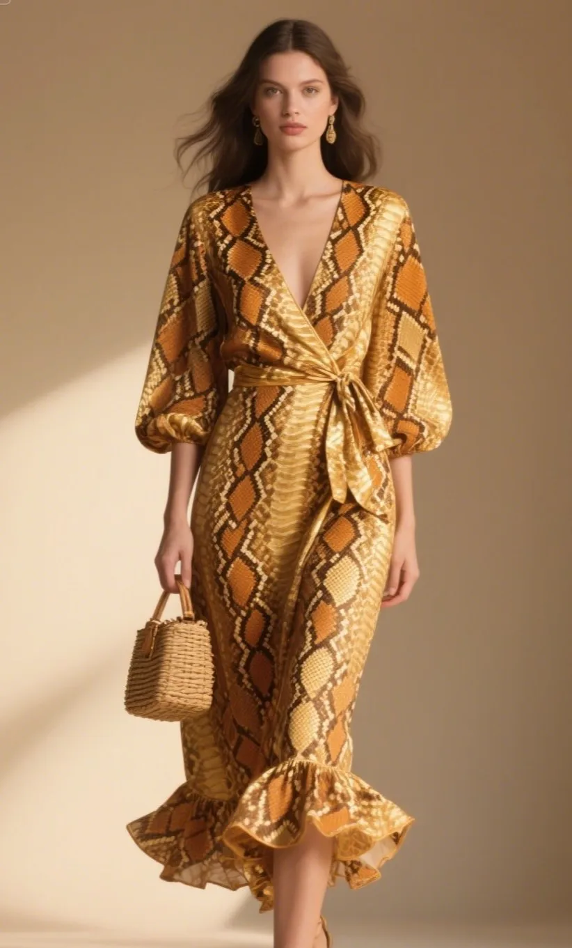 6. “Saffron Serpent” Wrap Dress