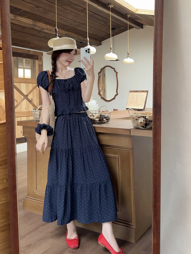 Straw Boater Hat + Navy Polka-Dot Maxi Dress + Red Ballet Flats