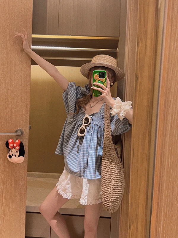 Straw Boater Hat + Blue Gingham Puff-Sleeve Blouse + White Lace-Trim Shorts