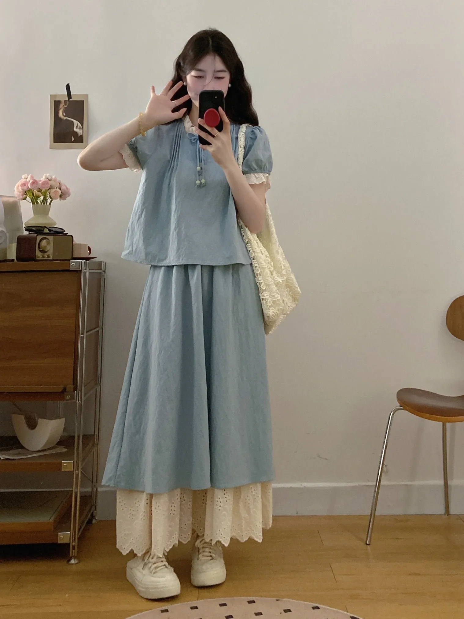 Lace-Trim Denim Blouse + Layered Denim Midi Skirt + Eyelet Petticoat + White Platform Sneakers