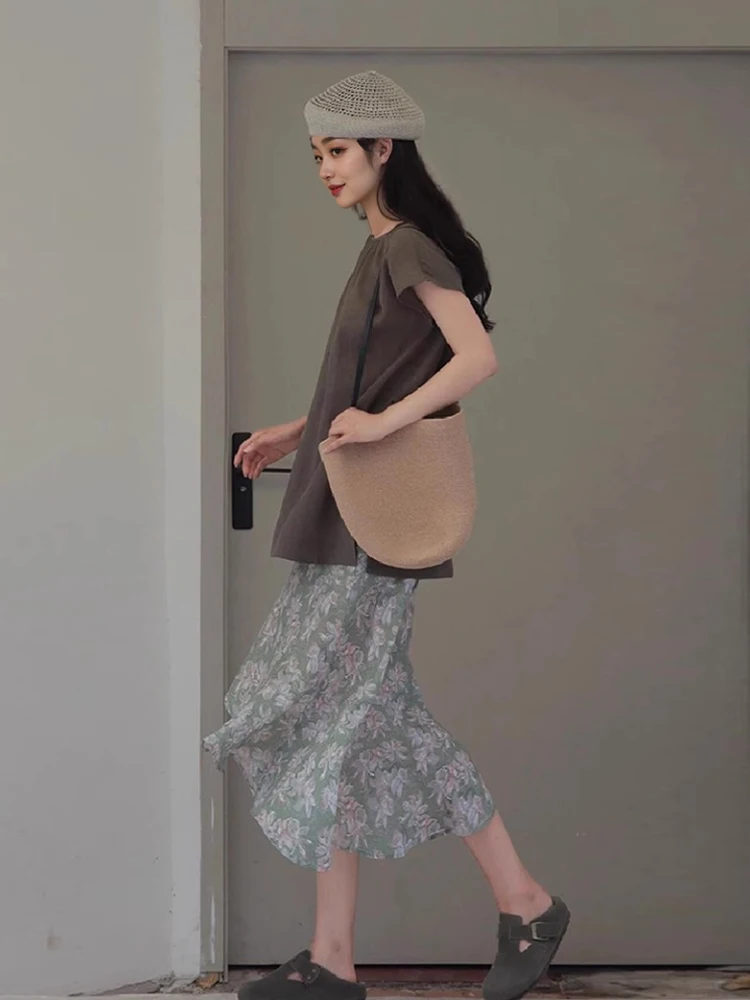 Crochet Beanie + Brown Boxy Tee + Mint Floral Midi Skirt + Charcoal Clog Sandals