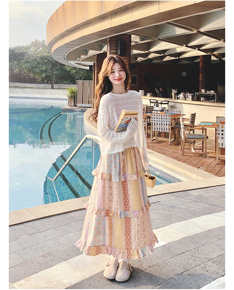 Loose Knit Sweater + Pastel Patchwork Ruffle Maxi Dress + Cream Suede Clogs