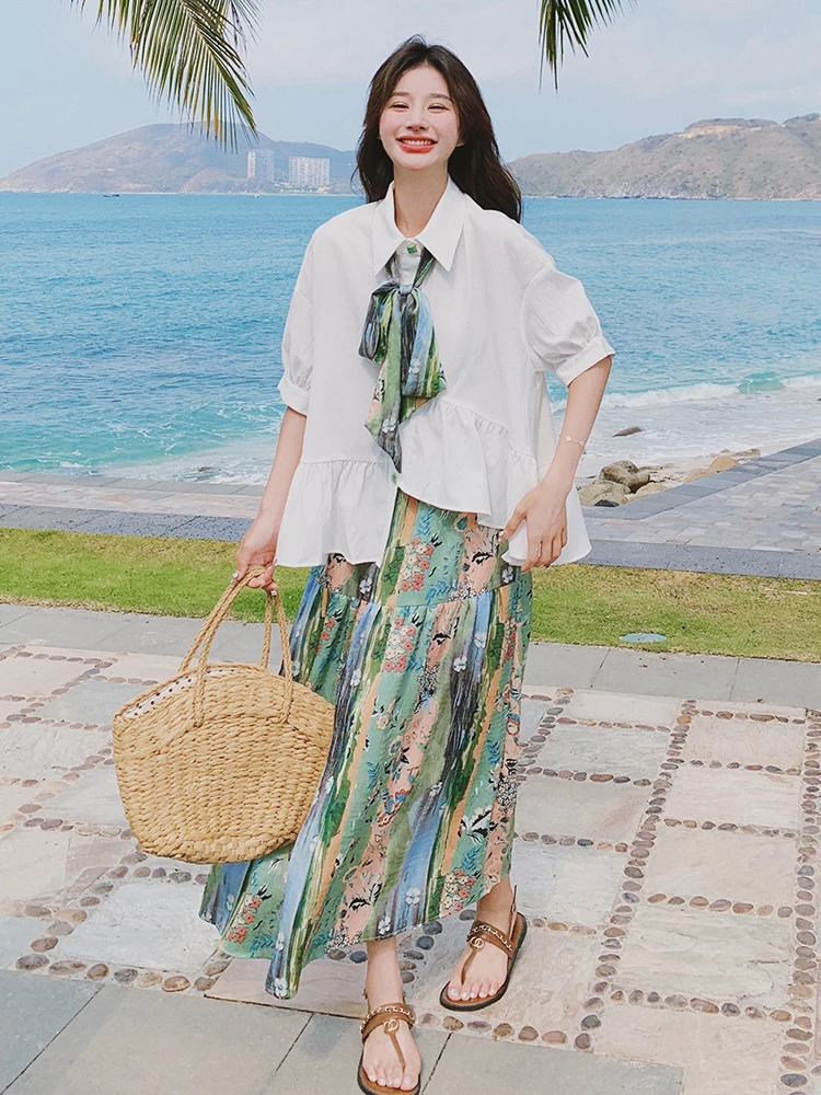 Watercolor Silk Scarf + White Peplum Shirt + Painterly Print Maxi Skirt + Brown Sandals