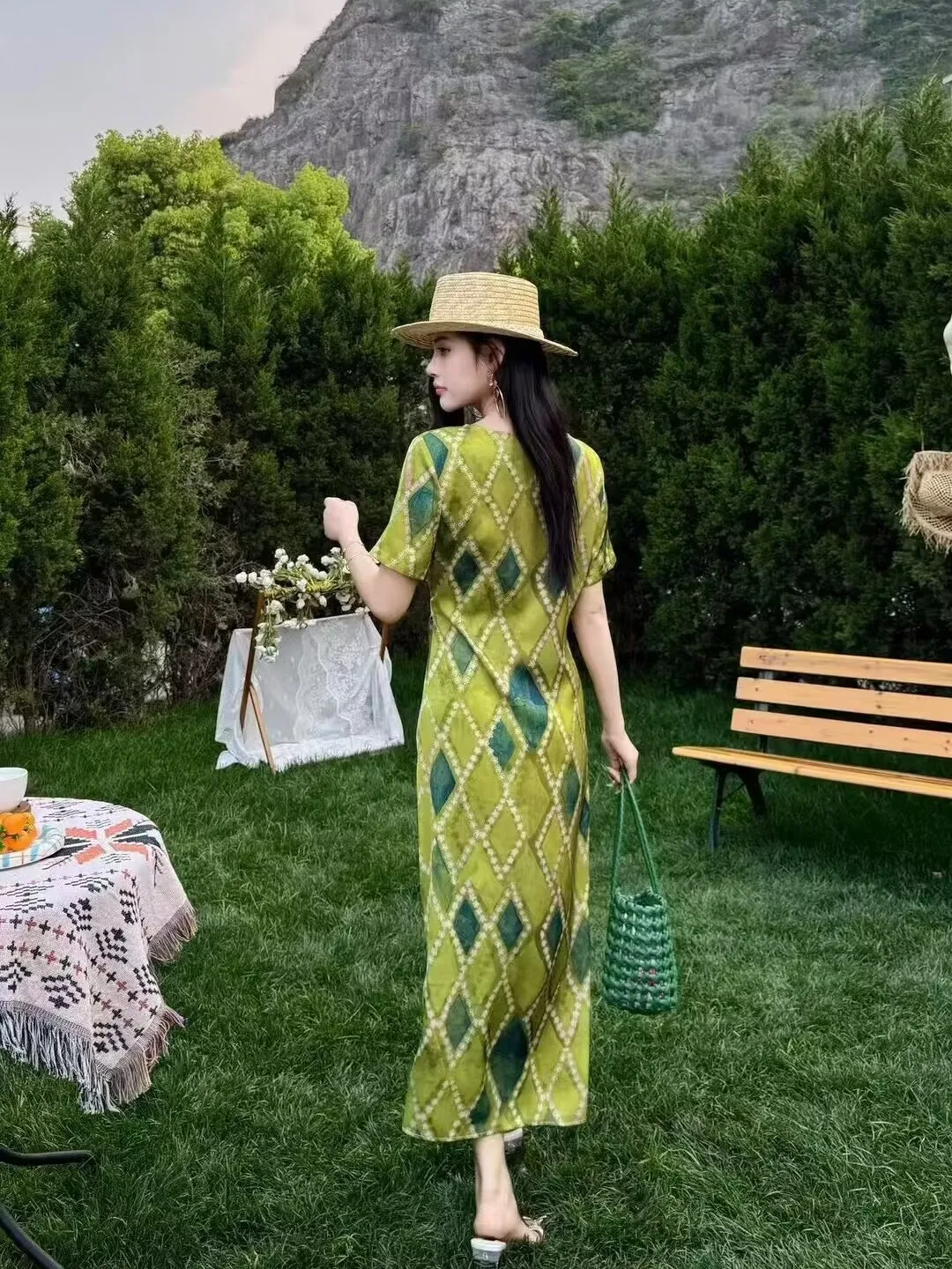 Straw Boater Hat + Green Diamond-Print Midi Dress + Woven Net Tote + Metallic Slides