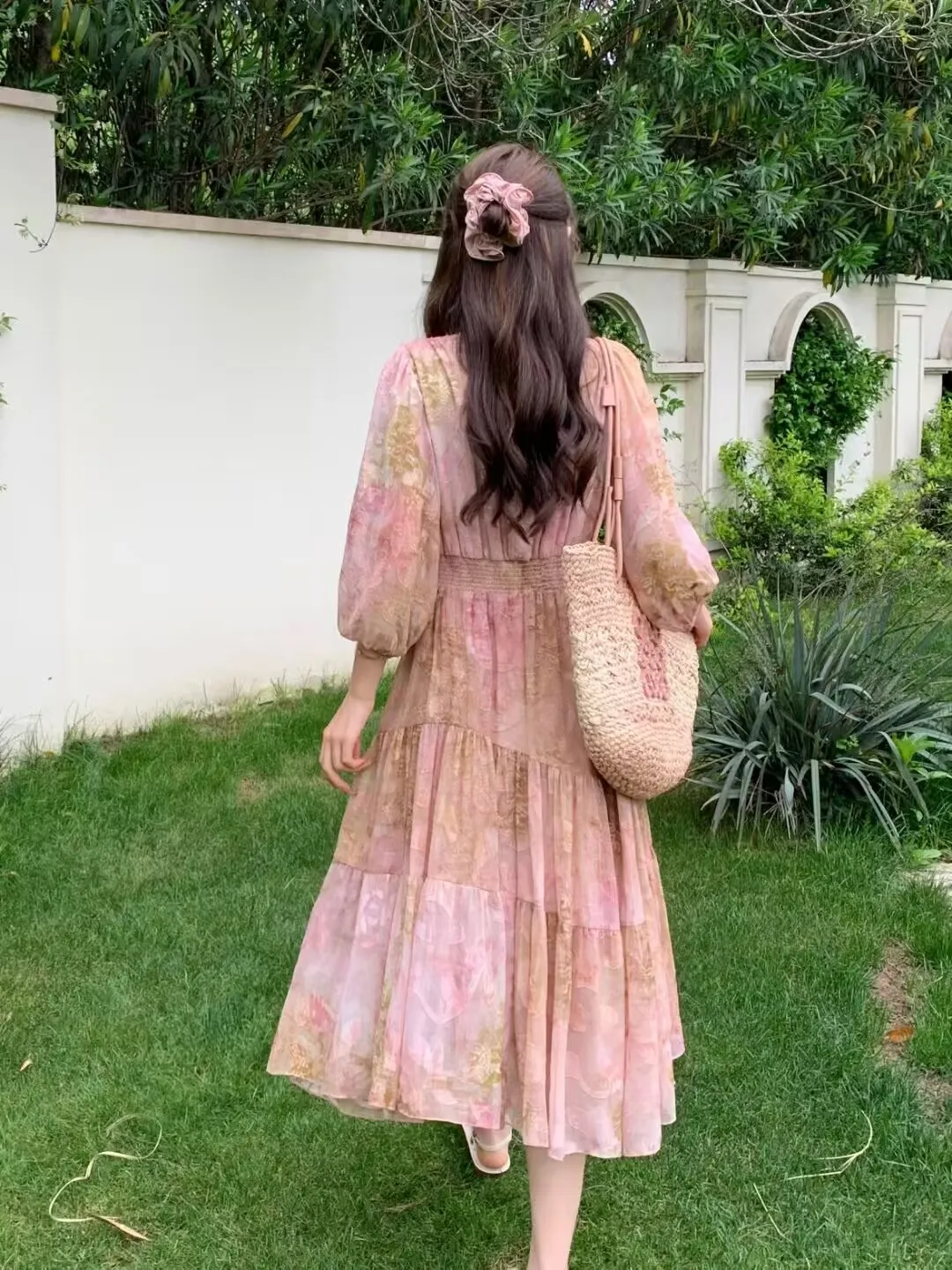 Blush Scrunchie + Rose-Patchwork Puff-Sleeve Tiered Midi Dress + Straw Tote + Beige Ankle-Strap Flats
