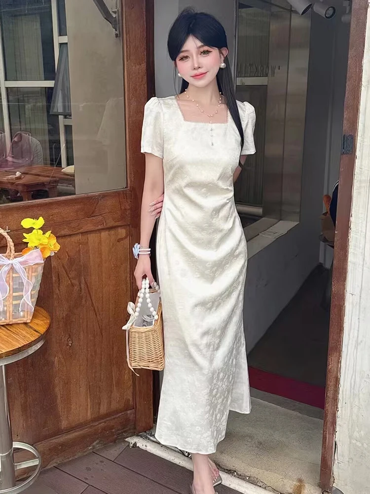 Pearl Drop Earrings + Ivory Jacquard Square-Neck Midi Dress + Wicker Basket Bag + Clear Heeled Sandals